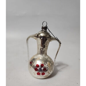 Antique Mercury Glass 2 Handled Vase 3" Christmas Tree Ornament White Red Flower